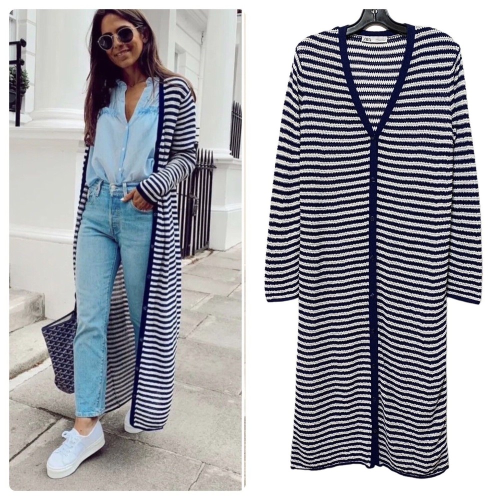 Zara Blue White Striped Knitted Long Maxi Cardigan Sweater Jacket size M